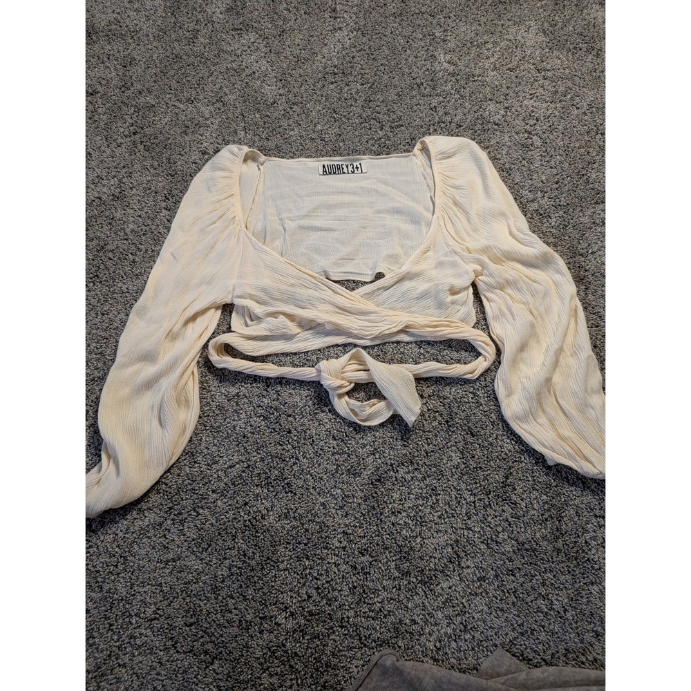 Audrey 3+1 Cream Crinkle Wrap‎ Crop Top Long Balloon Sleeve Boho Medium TH9521
